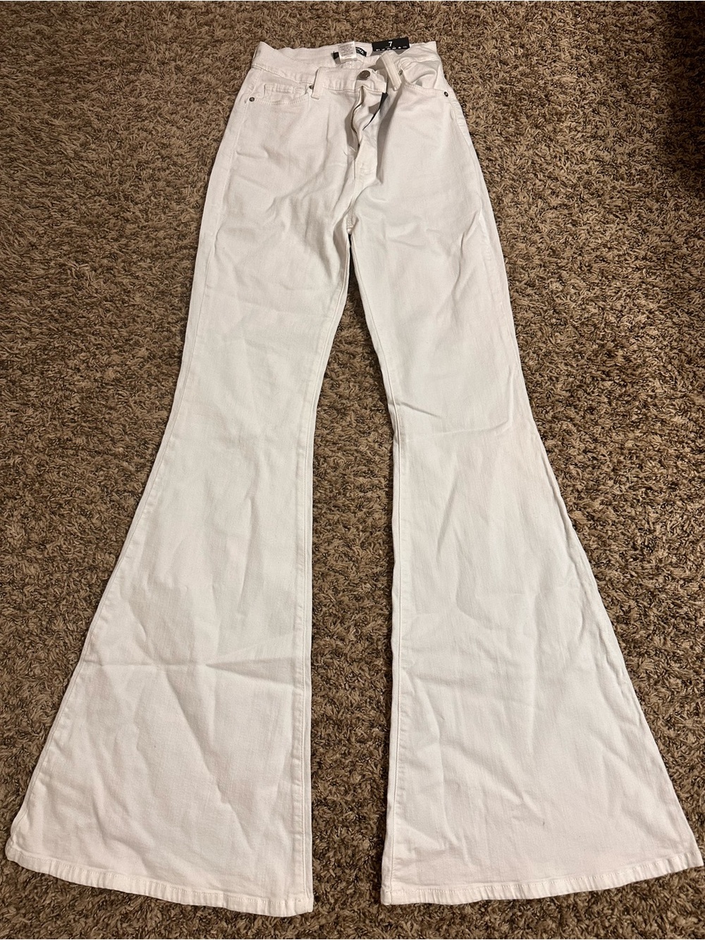 Fashion Nova White High-Rise Flare Jeans with Tie Waist